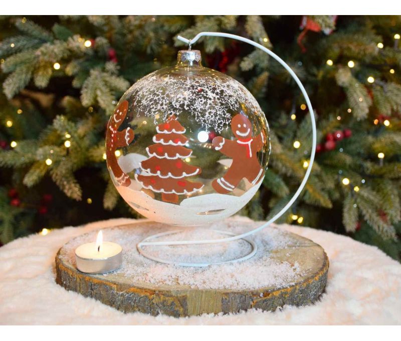 Photophore boule de Noël verre soufflé peint main sapin bonshommes pain d'épices D15cm