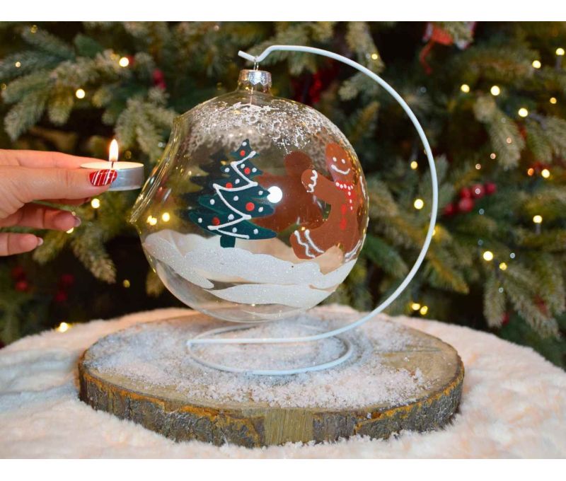 Photophore boule de Noël verre soufflé peint main sapin bonshommes pain d'épices D15cm