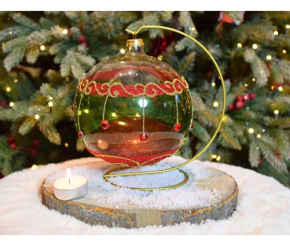Photophore boule de Noël verre soufflé peint main vert rouge perles pailletées D15cm
