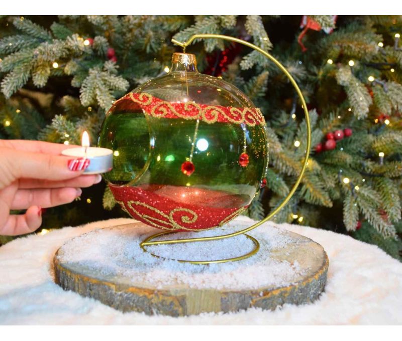 Photophore boule de Noël verre soufflé peint main vert rouge perles pailletées D15cm