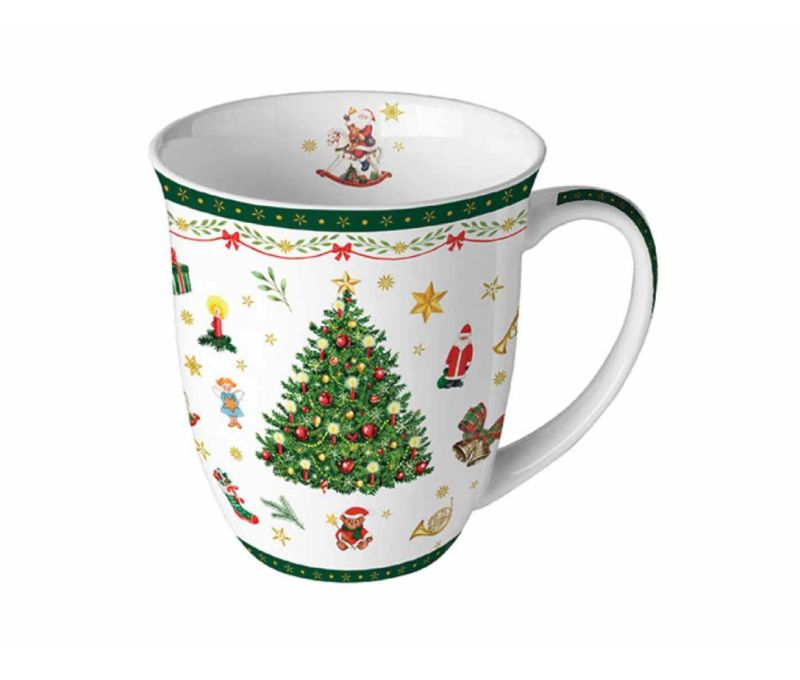 Mug porcelaine blanc Noël sapin illuminé Père Noël étoiles dorées décors traditionnels 400ml