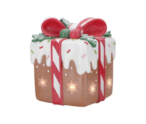 Décoration cadeau pain d'épices lumineux LED rubans sucre d'orge rouges glaçage blanc flocons H41cm