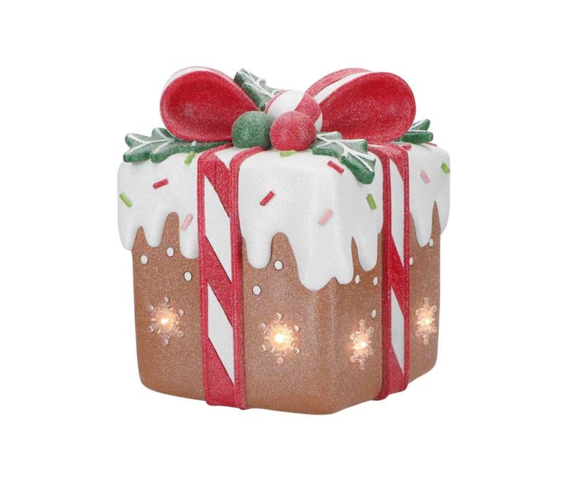 Décoration cadeau pain d'épices lumineux LED rubans sucre d'orge rouges glaçage blanc flocons H41cm