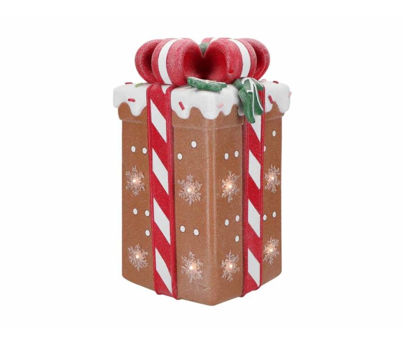 Décoration cadeau pain d'épices lumineux LED rubans sucre d'orge rouges glaçage blanc flocons H41cm