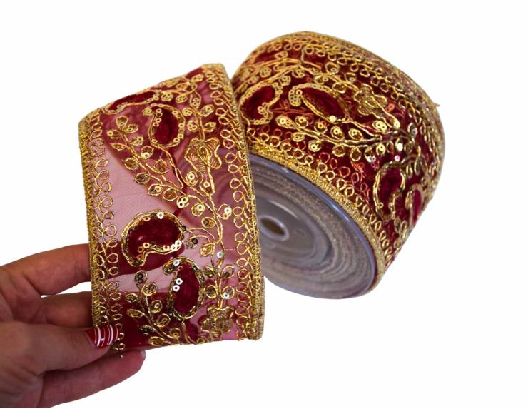 Ruban de Noël bordeaux sequins 8cm x 4,5m