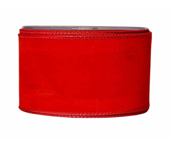 Ruban Noël velours rouge vif uni bordures surpiquées fil de fer largeur 9cm rouleau 9 mètres
