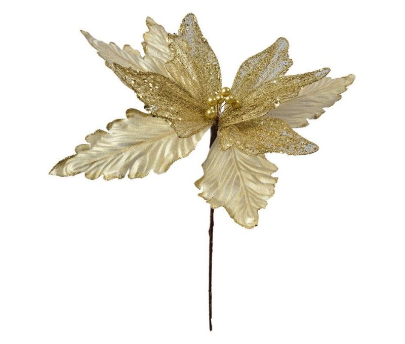 Grande fleur poinsettia artificielle velours champagne doré pétales organza pailletés dorés  D57cm