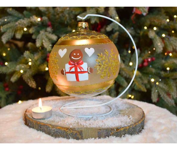 Photophore boule de Noël verre soufflé peint main bonhomme pain d'épices cadeau flocons dorés D15cm