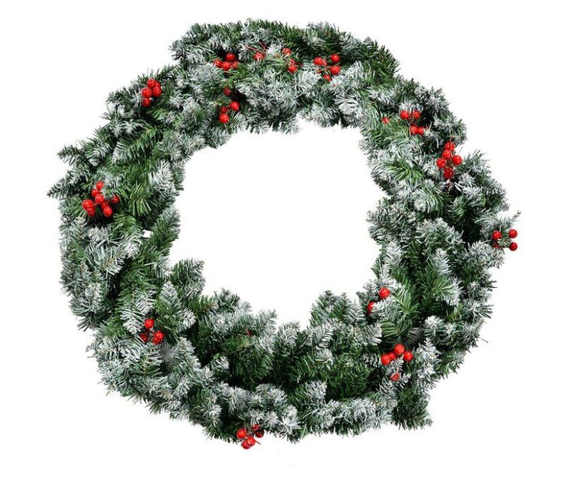 Couronne de Noël verte givrée baies rouges Ø75cm