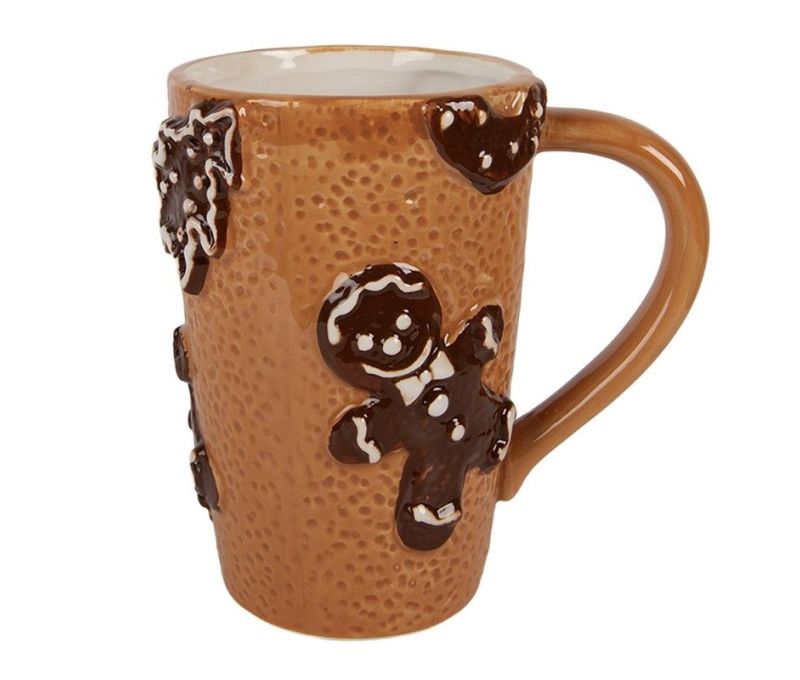 Grand mug céramique texturée caramel Noël bonshommes pain d'épices relief 575ml H15cm