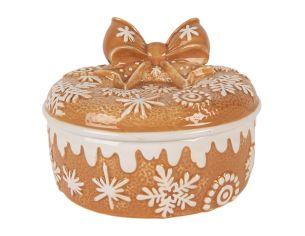 Boîte décorative en céramique Ø20x13 cm, motif pain d’épice avec couvercle nœud. Idéale pour biscuits ou déco de table de Noël.