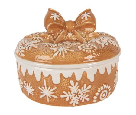 Boîte décorative en céramique Ø20x13 cm, motif pain d’épice avec couvercle nœud. Idéale pour biscuits ou déco de table de Noël.