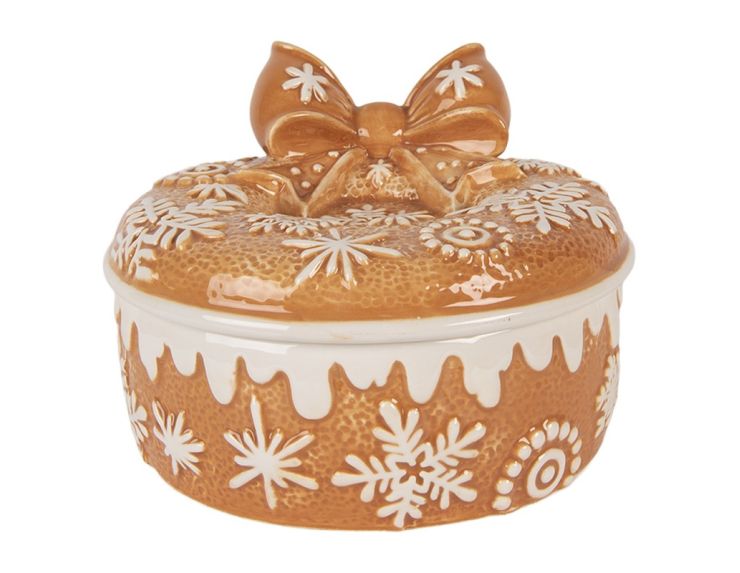 Boîte décorative en céramique Ø20x13 cm, motif pain d’épice avec couvercle nœud. Idéale pour biscuits ou déco de table de Noël.