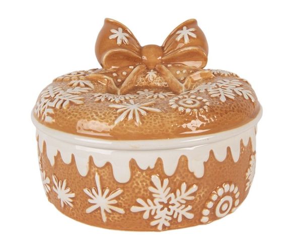 Boîte décorative en céramique Ø20x13 cm, motif pain d’épice avec couvercle nœud. Idéale pour biscuits ou déco de table de Noël.