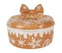 Voir la slide Boîte décorative en céramique Ø20x13 cm, motif pain d’épice avec couvercle nœud. Idéale pour biscuits ou déco de table de Noël.