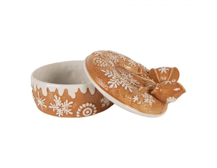 Boîte décorative en céramique Ø20x13 cm, motif pain d’épice avec couvercle nœud. Idéale pour biscuits ou déco de table de Noël.