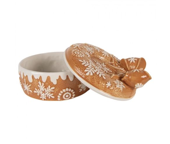 Boîte décorative en céramique Ø20x13 cm, motif pain d’épice avec couvercle nœud. Idéale pour biscuits ou déco de table de Noël.