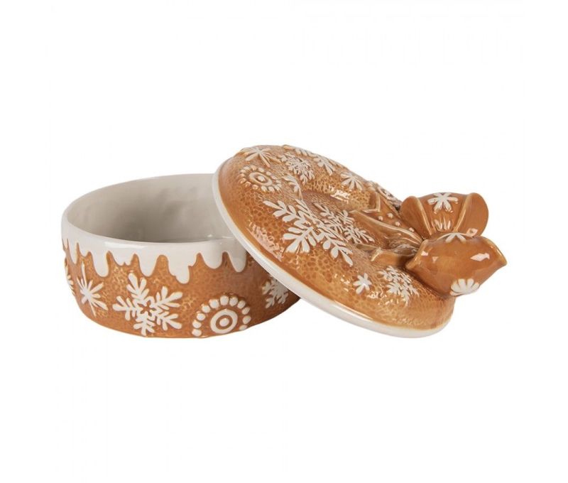 Boîte décorative en céramique Ø20x13 cm, motif pain d’épice avec couvercle nœud. Idéale pour biscuits ou déco de table de Noël.
