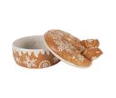 Voir la slide Boîte décorative en céramique Ø20x13 cm, motif pain d’épice avec couvercle nœud. Idéale pour biscuits ou déco de table de Noël.