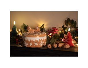 Boîte décorative en céramique Ø20x13 cm, motif pain d’épice avec couvercle nœud. Idéale pour biscuits ou déco de table de Noël.