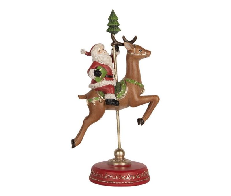 Figurine Père Noël sur renne carrousel vintage résine peinte main base rouge dorée H30cm