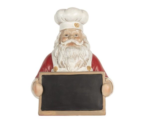 Figurine résine Père Noël cuisinier toque blanche tablier rouge tableau noir H30cm
