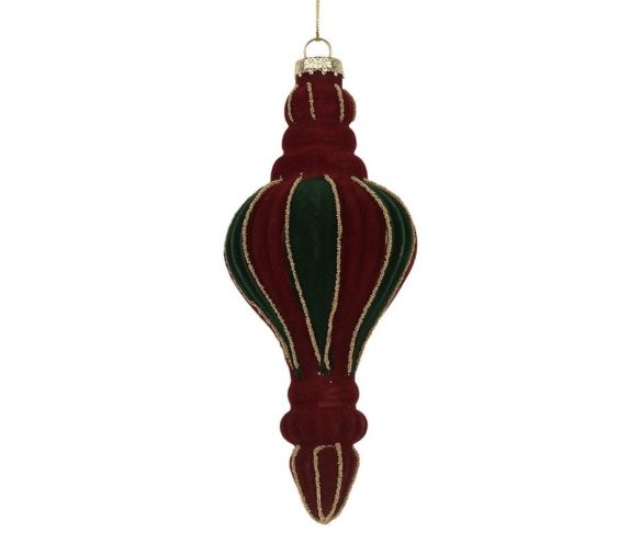 Suspension goutte verre velours bordeaux vert liserés dorés H15cm