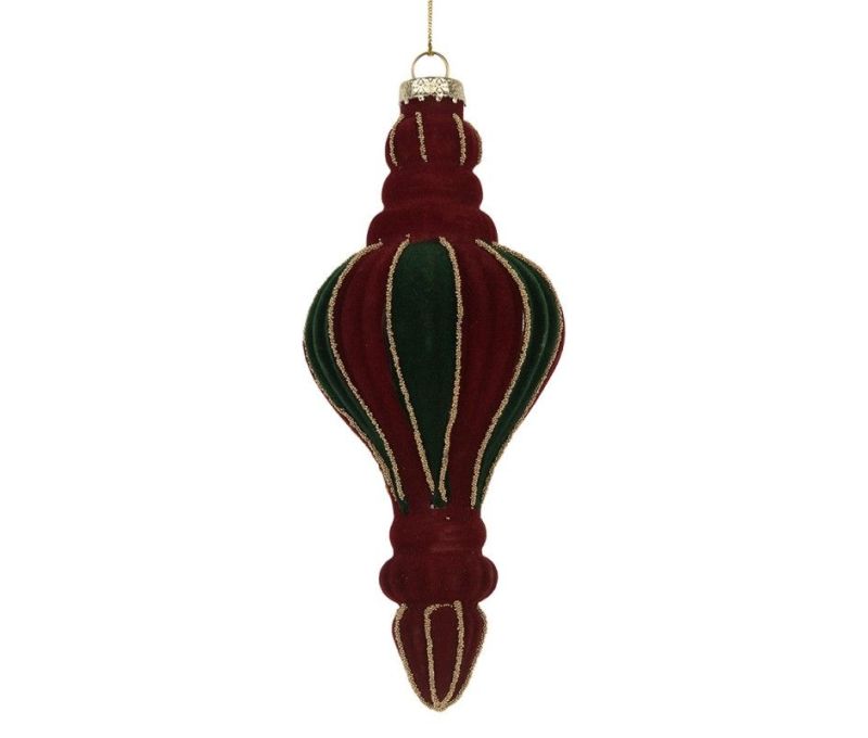 Suspension goutte verre velours bordeaux vert liserés dorés H15cm