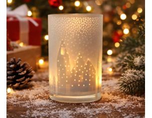 Photophore blanc givré découpé décor maisons village de Noël intérieur doré H12cm - Lilosquare