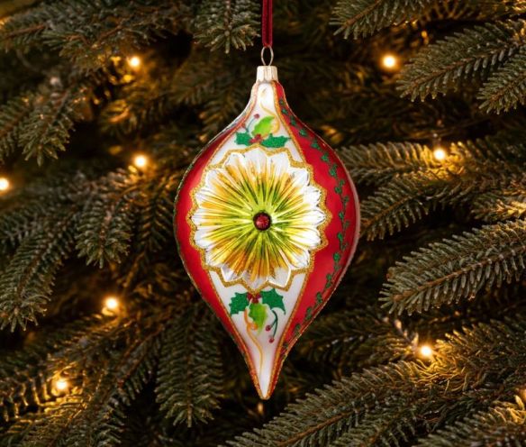 Suspension de Noël vintage en verre soufflé rouge vert réflecteur poinsettia H20cm - Lilosquare