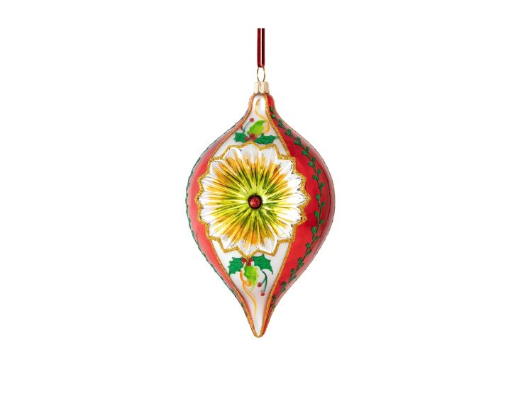 Suspension de Noël vintage en verre soufflé rouge vert réflecteur poinsettia H20cm - Lilosquare