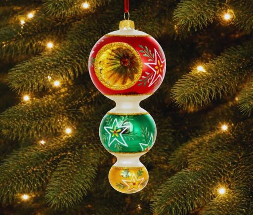 Suspension de Noël 3 boules verre soufflé rouge vert or réflecteur étoiles H20cm