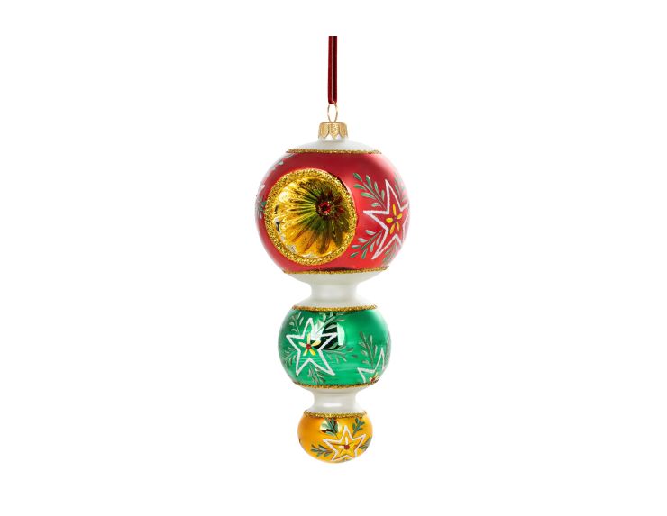 Suspension de Noël 3 boules verre soufflé rouge vert or réflecteur étoiles H20cm