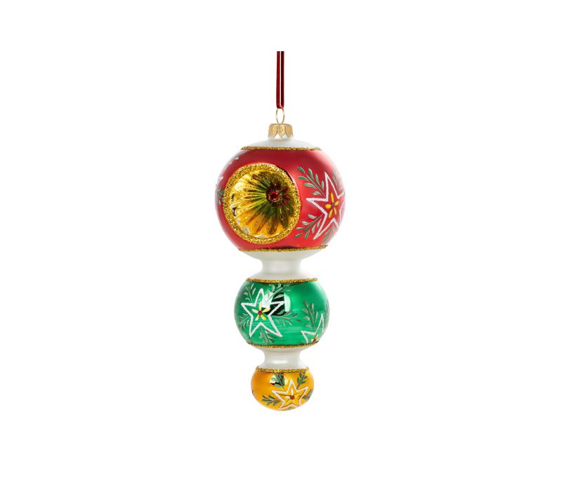 Suspension de Noël 3 boules verre soufflé rouge vert or réflecteur étoiles H20cm