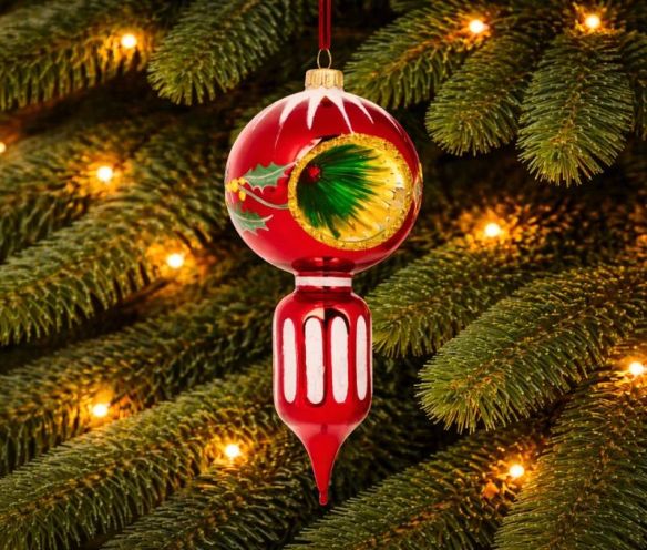 Goutte de Noël rouge vintage verre soufflé réflecteur houx H20cm - Lilosquare