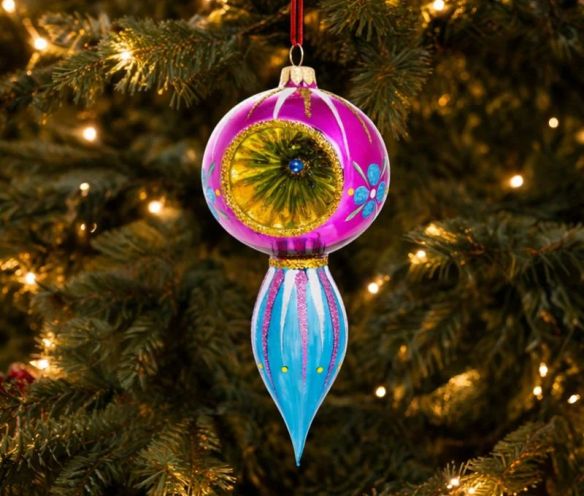 Goutte de Noël vintage verre soufflé réflecteur magenta turquoise Céleste H20cm - Lilosquare
