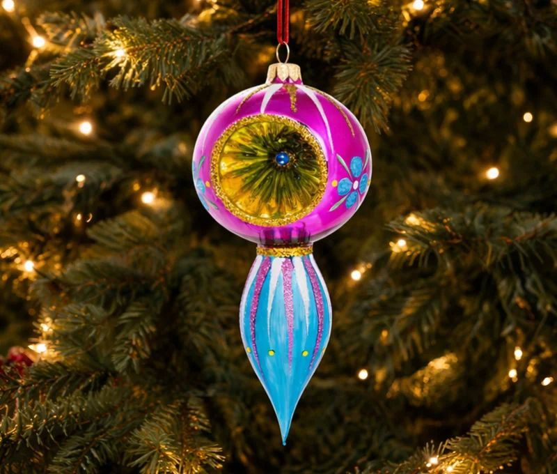 Goutte de Noël vintage verre soufflé réflecteur magenta turquoise Céleste H20cm - Lilosquare