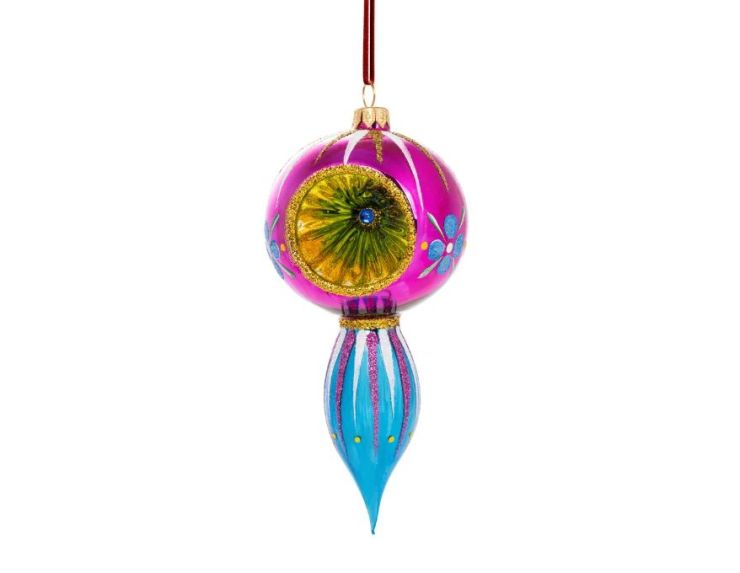 Goutte de Noël vintage verre soufflé réflecteur magenta turquoise Céleste H20cm - Lilosquare