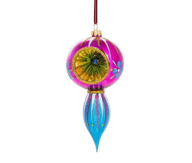 Goutte de Noël vintage verre soufflé réflecteur magenta turquoise Céleste H20cm - Lilosquare