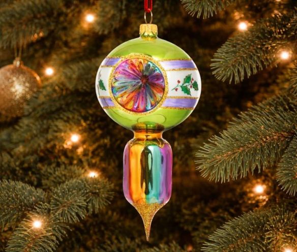 Goutte de Noël vintage verte et mauve verre soufflé réflecteur multicolore H19cm - Lilosquare