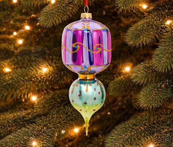 Suspension de Noël vintage verre soufflé mauve turquoise arabesques dorées H19cm - Lilosquare