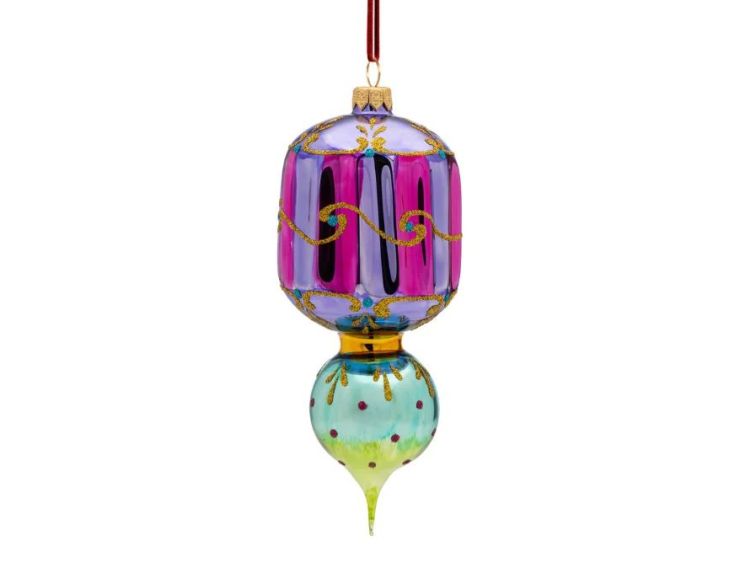 Suspension de Noël vintage verre soufflé mauve turquoise arabesques dorées H19cm - Lilosquare