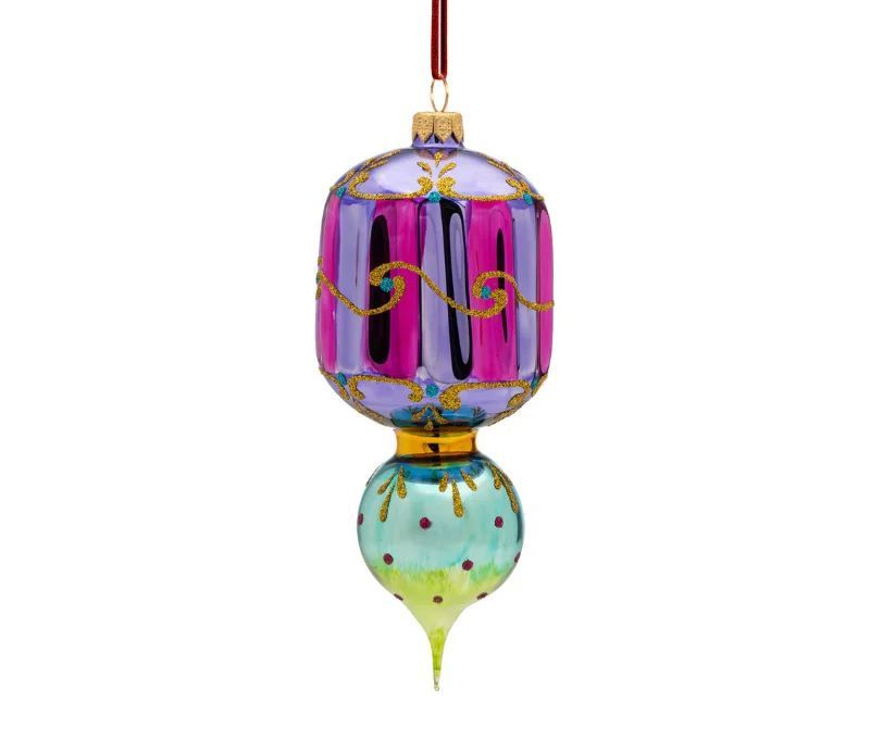 Suspension de Noël vintage verre soufflé mauve turquoise arabesques dorées H19cm - Lilosquare