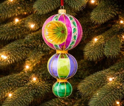 Suspension de Noël rétro multicolore rose, mauve, vert et doré verre soufflé 3 boules réflecteur H20cm - Lilosquare