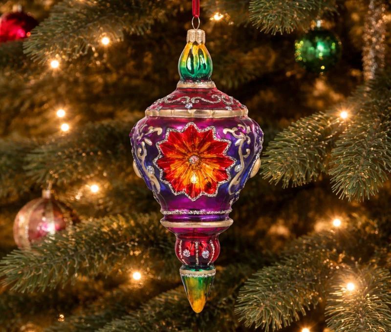 Suspension de Noël baroque verre soufflé violet rouge réflecteur arabesques dorées H18cm - Lilosquare