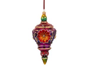 Suspension de Noël baroque verre soufflé violet rouge réflecteur arabesques dorées H18cm - Lilosquare