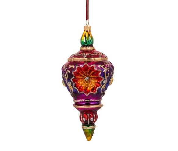Suspension de Noël baroque verre soufflé violet rouge réflecteur arabesques dorées H18cm - Lilosquare