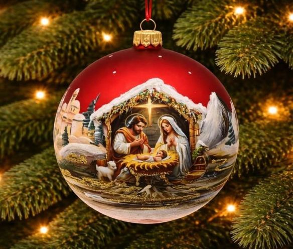 Boule de Noël crèche nativité verre soufflé rouge peint à la main Ø10cm - Lilosquare
