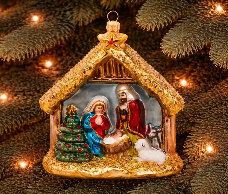 Suspension de Noël crèche nativité verre soufflé or peint main Marie Joseph H14cm - Lilosquare