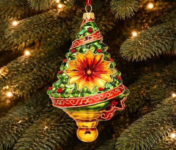 Suspension de Noël sapin verre soufflé vert rouge or avec réflecteur H15cm - Lilosquare